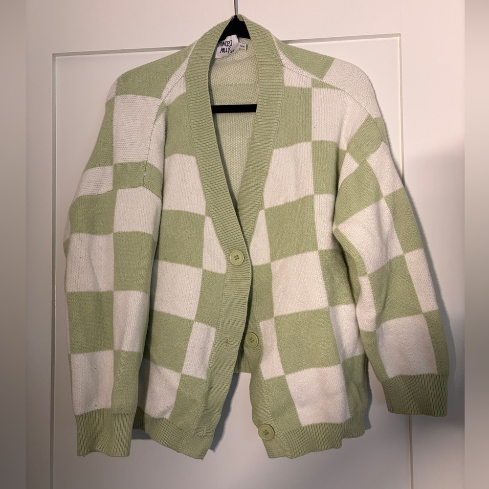 Princess Polly Green and White Checkered Cardigan